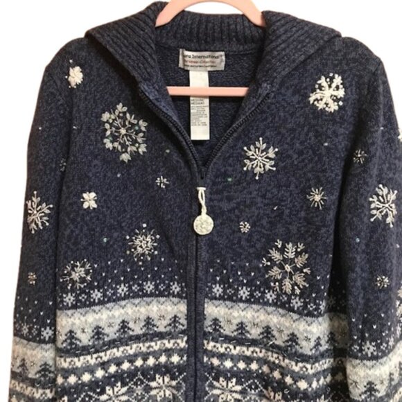 Tiara International Women's Blue & White Snowflake Zip-Up Holiday Sweater Medium - Picture 3 of 8